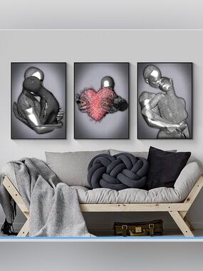 🔥3 Pcs Love Heart 3D Wall Art Metal Fil Sculpture Couple Abstract Art, NIOB